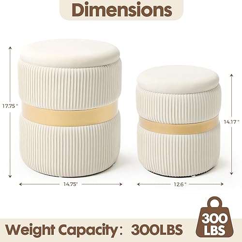 Miniatura 2 de Round Ottoman with Storage - White Velvet Ottoman Round Storage Ottoman for Livingroom, Foot Rest for Couch, Vanity Ottoman for Bedroom, Velvet