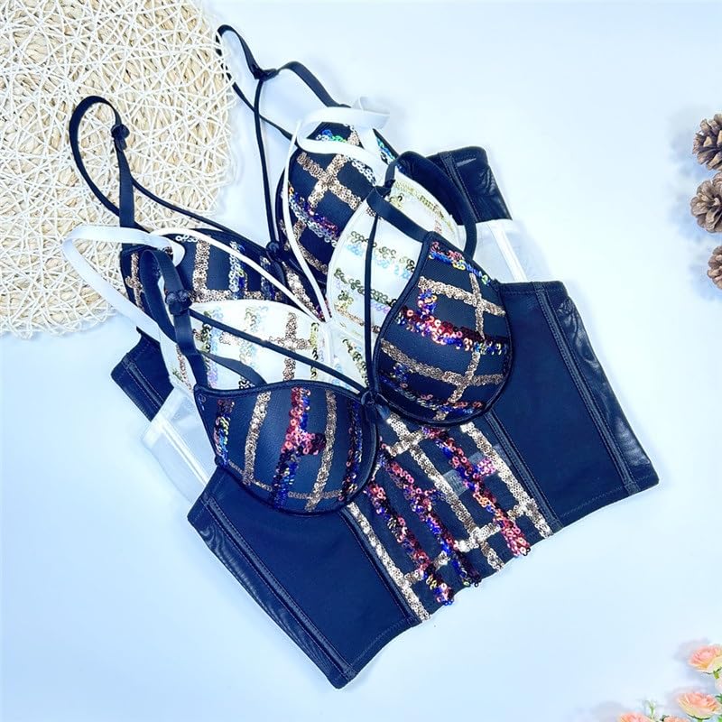 Reggiseno sexy da donna con cuciture in acciaio con ricamo in pizzo e paillettes top sottile per le donne, D, 5C
