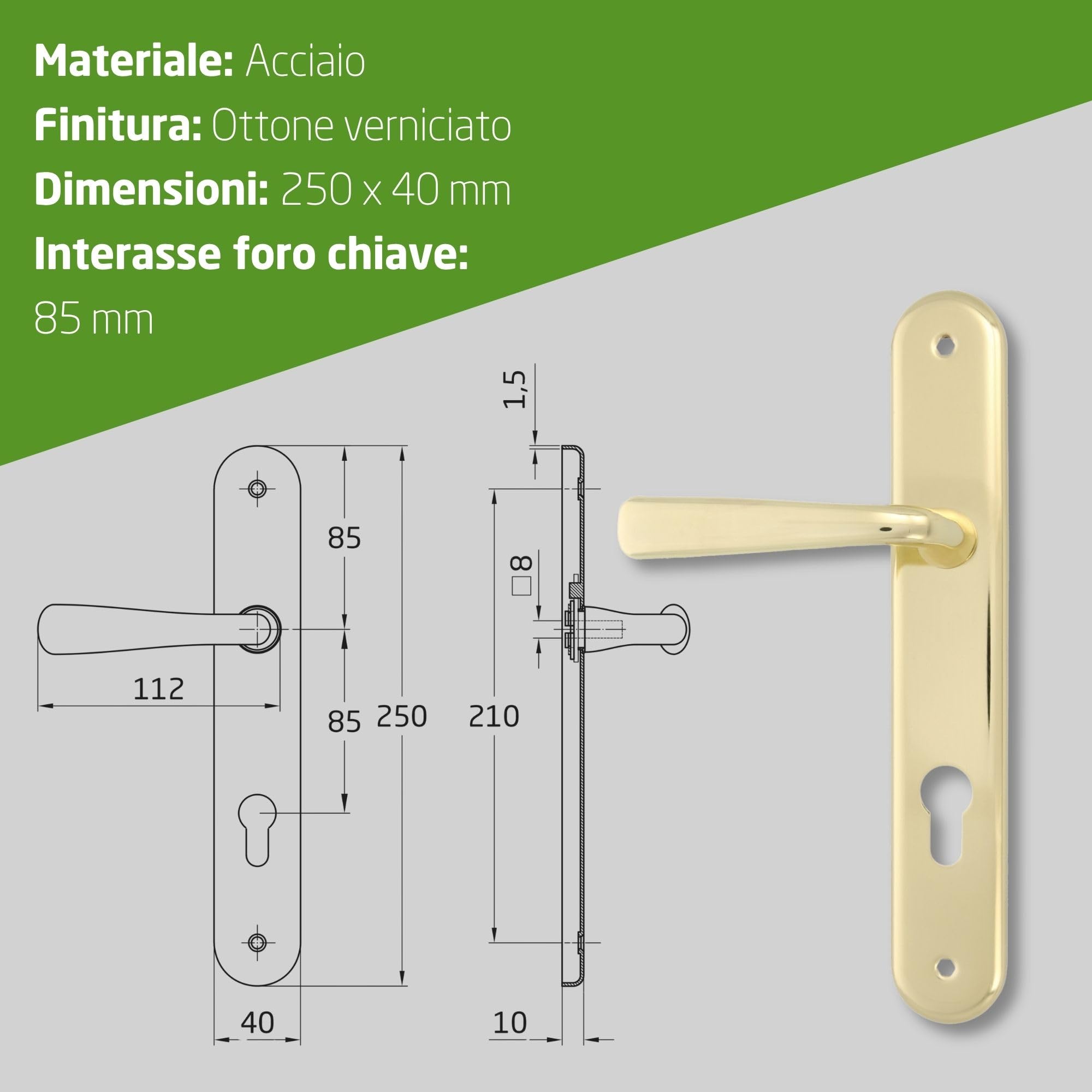 Amig - Set di Maniglie in Acciaio - Modello 252 - Misura: 250 x 40 mm - Quadrato 8 mm - Finitura: Ottone Verniciato