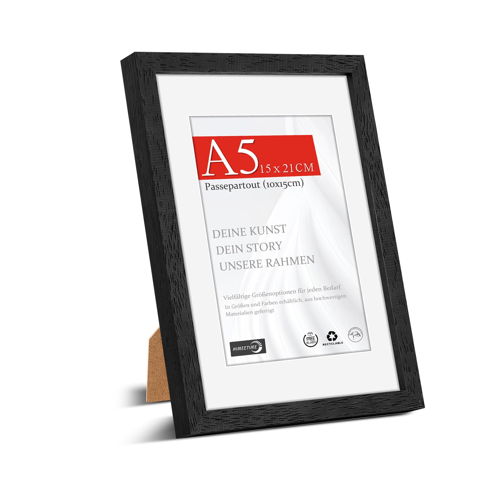 HIMEETIME® 1x Picture Frames for A5 14.8x21 cm – Black Obeche Wood Thin Frame,Includes 10x15 cm Photo Mat,Wall Mount or Tabletop Display,Solid Wood