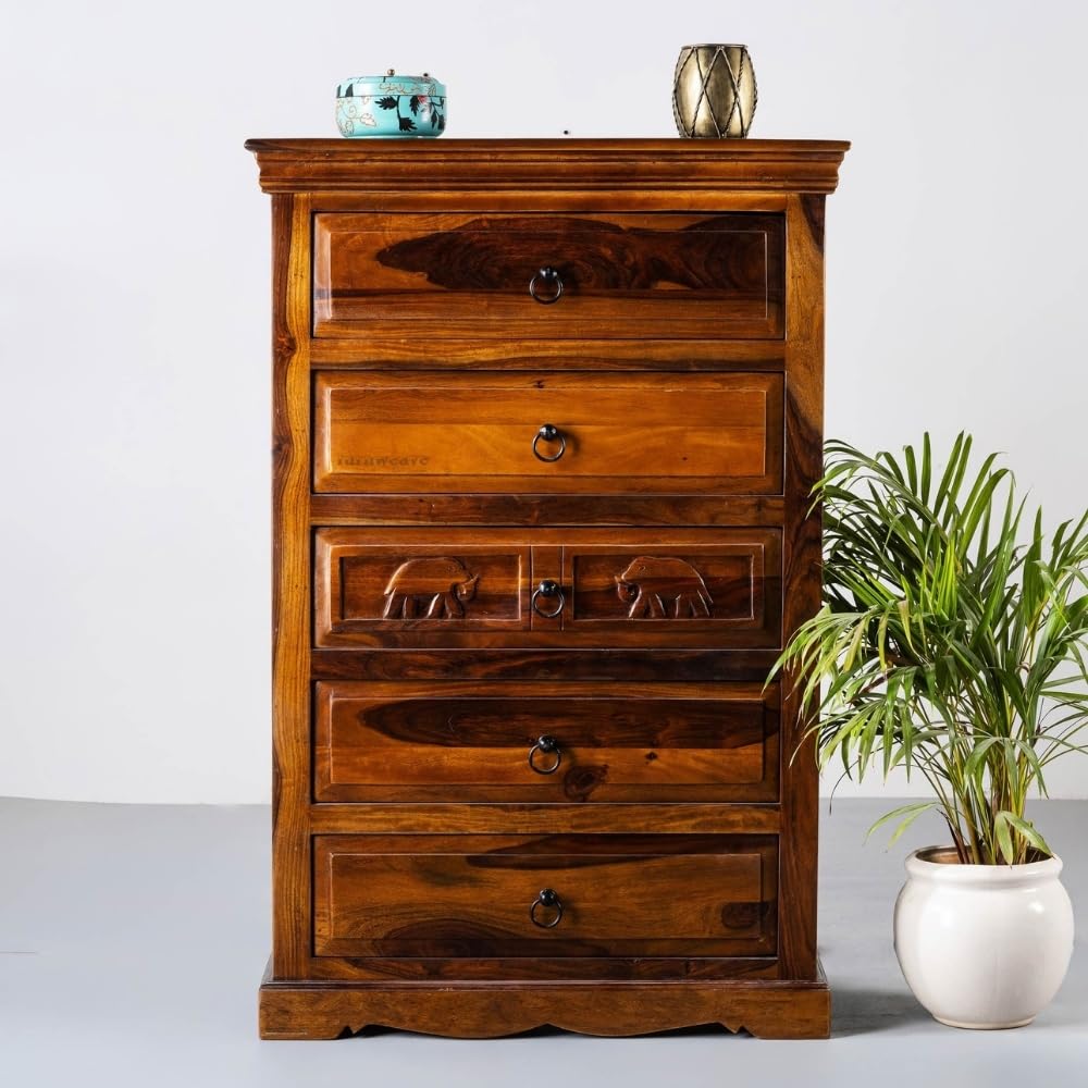 Eleph Solid Wooden Carved Chest of 5 Drawer Cabinet | Solid Wood Storage Furniture for Home | Chest of Drawers for Living Room | Antique Stylish Organization & Home Decor Honey Finish-image-37