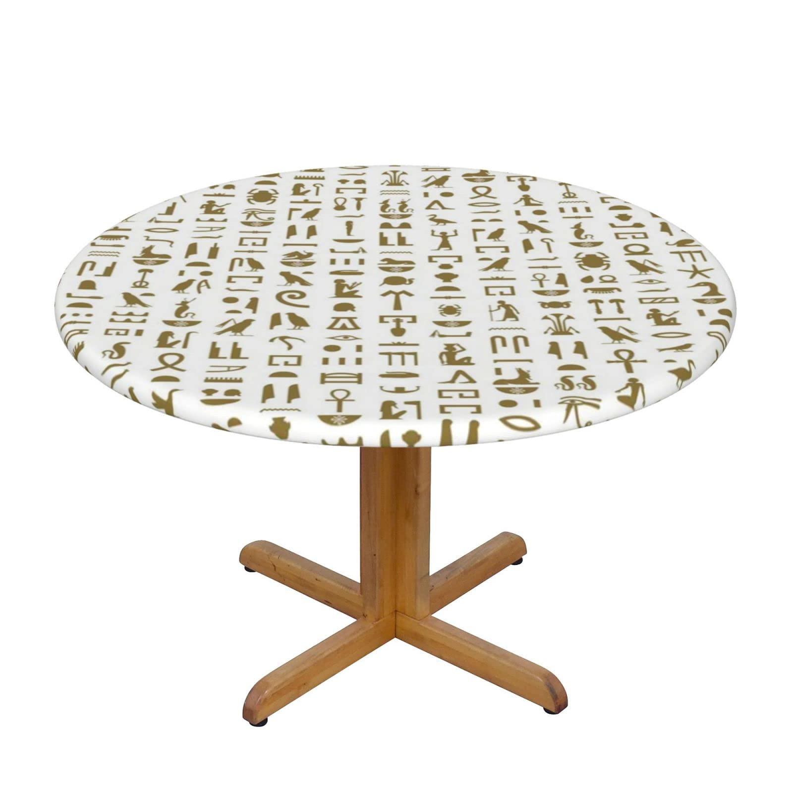Lsjuee Round Fitted Tablecloth 45-50in Elastic Edged Table Cloth for Kitchen Dining Party Home Decor - Ancient Egyptian Hieroglyphs White