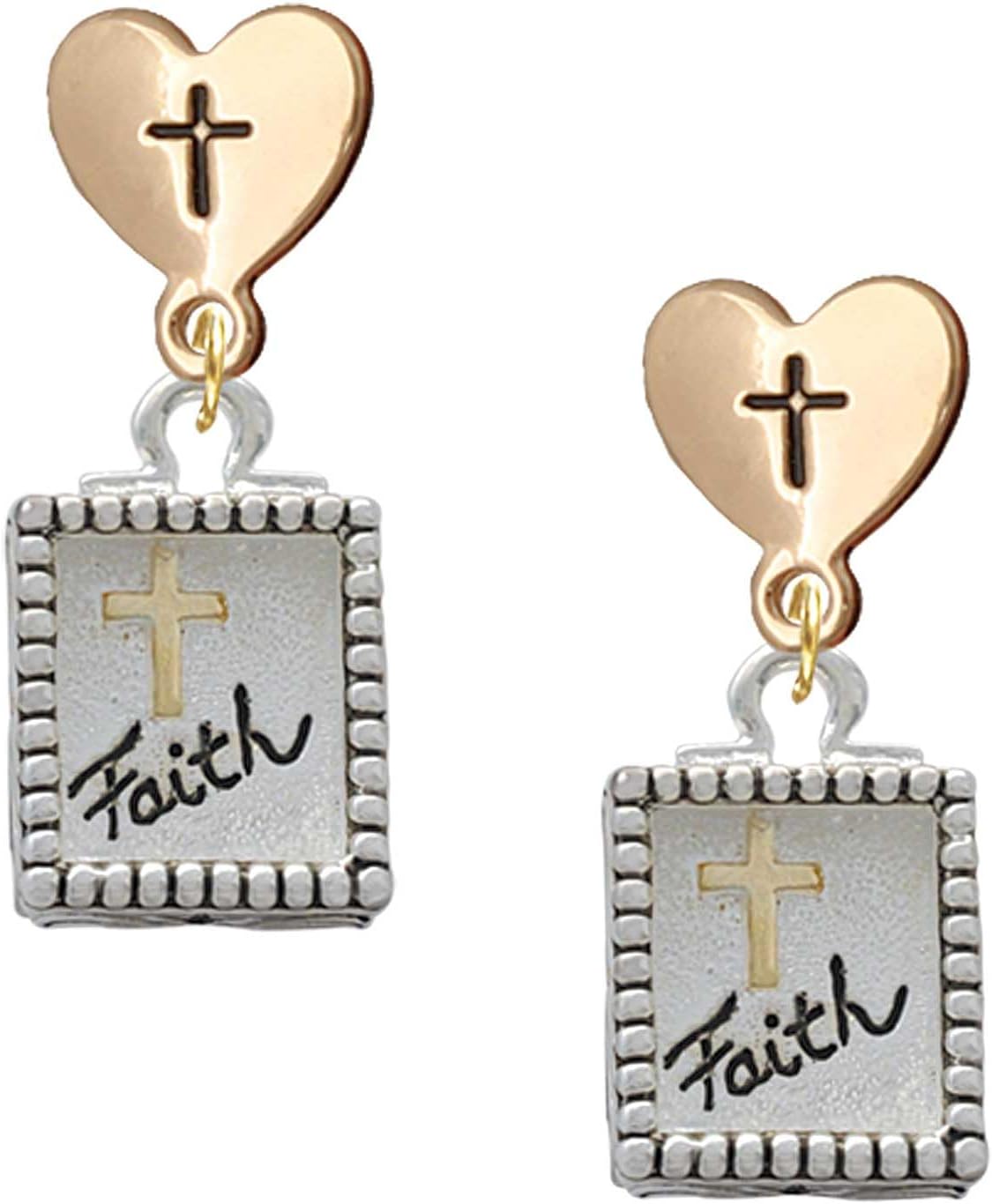 Delight Jewelry Two-tone Shadow Charm Message Goldtone Cross in Heart Post Dangle Earrings