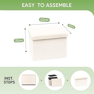 Bonlife Ottoman Seat with Storage,Folding Small Footstool for Living Room,Cube Toy Chest Box,Foot Rest,Sherpa Fabric,White,42x32x32cm