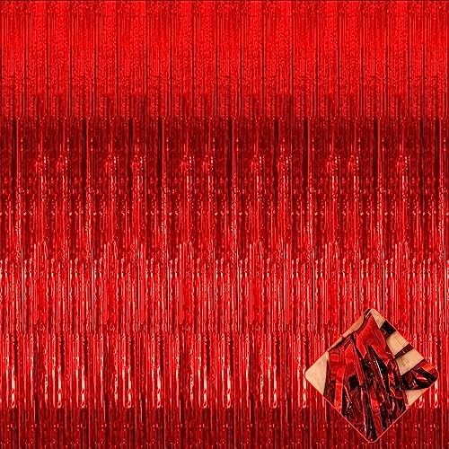 Image of 4 Pack 3.2Ft x 8.2Ft Red Foil Fringe Curtain Backdrop, Metallic Tinsel Foil Fringe Streamers Curtains Background for Photo Booth, Birthday, Wedding, Christmas Party Decoration