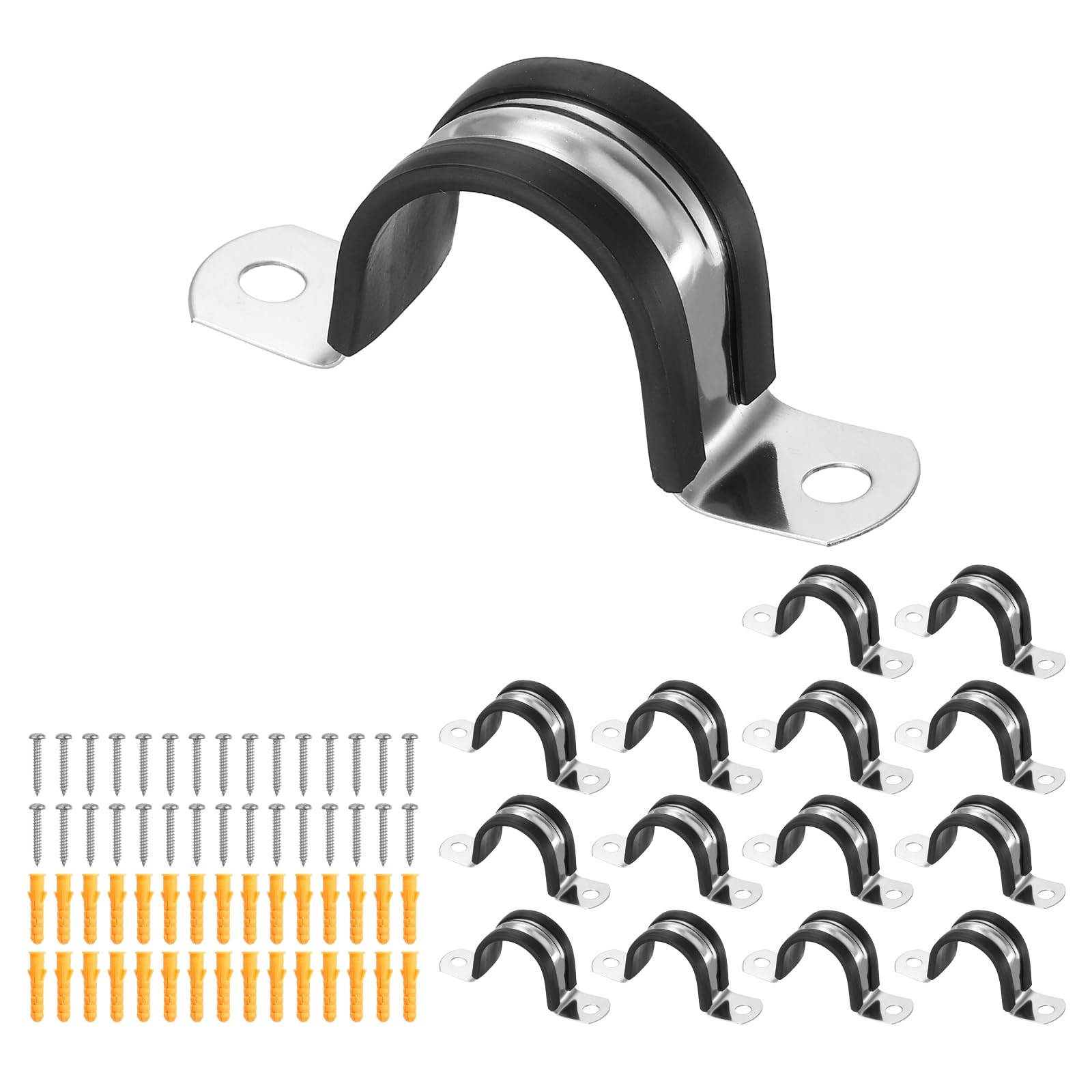 sourcing map 15 Pcs Pipe Strap Clamp, 27mm(1.06") Rubber Cable Clamp Rubber Cushioned 304 Stainless Steel U Bracket Tube Holder Support with Screws for Water Pipe HVAC Cable Management โ image 1