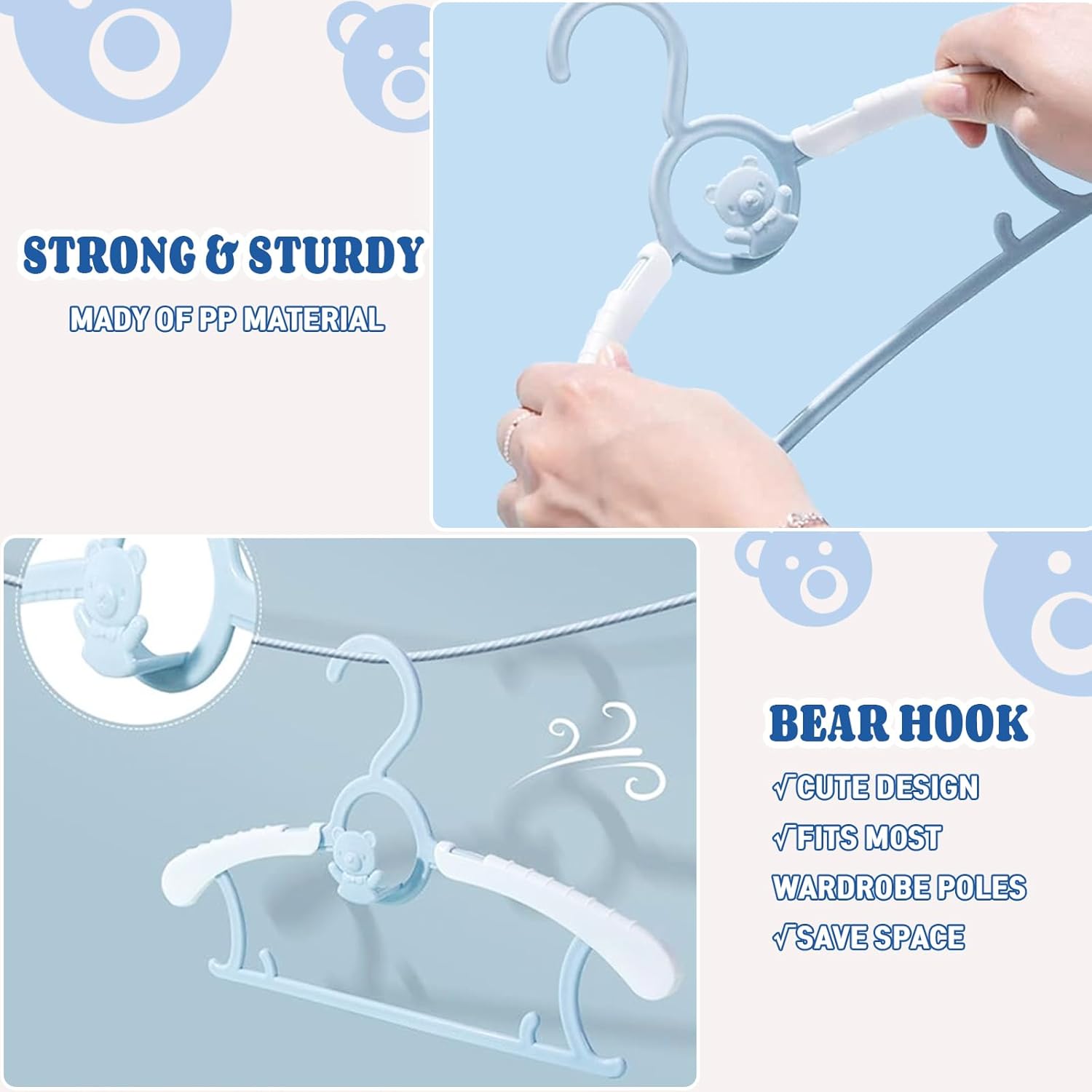 HGYZE Kids Hangers 11"-14" Adjustable Plastic Baby Boy Hangers 20 Pack, Toddler Bear Hanger for Children's Clothes Sweaters, Infant Hangar for Closet with Non-Slip Shoulder Grooves & Pants Bar, Blue - Image 6