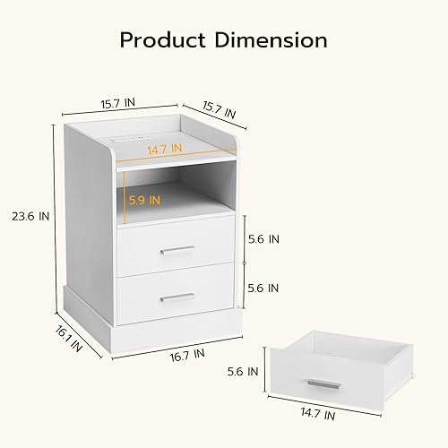 Miniatura 2 de ZttRiee Mesita de noche con estación de carga y luces LED, mesita de noche con 2 cajones, 2 salidas de CA, 3 puertos USB, moderna, para dormitorio,