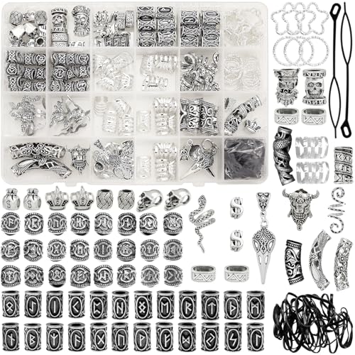 Fscwlmon 215 Pcs Viking Dreadlock Accessories Hair Charms Norse Runes Tube Beads Metal Clips Cuffs Rings Vikings Jewelry For Women Bracelets Pendant Necklace DIY Braid Accessories Silvery