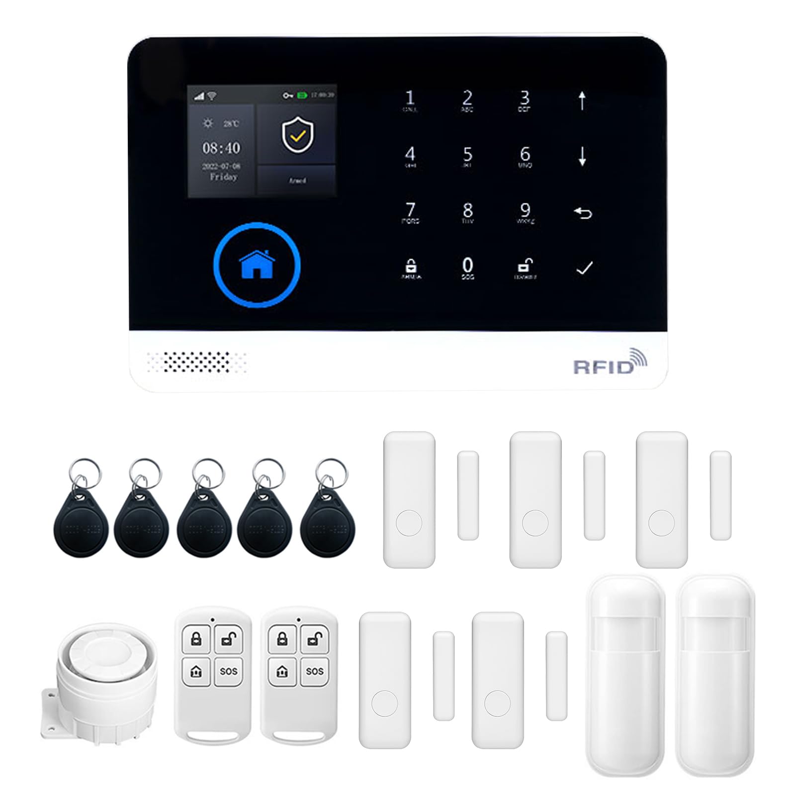 Alarm panel displaying eight defense areas and wireless device linkage