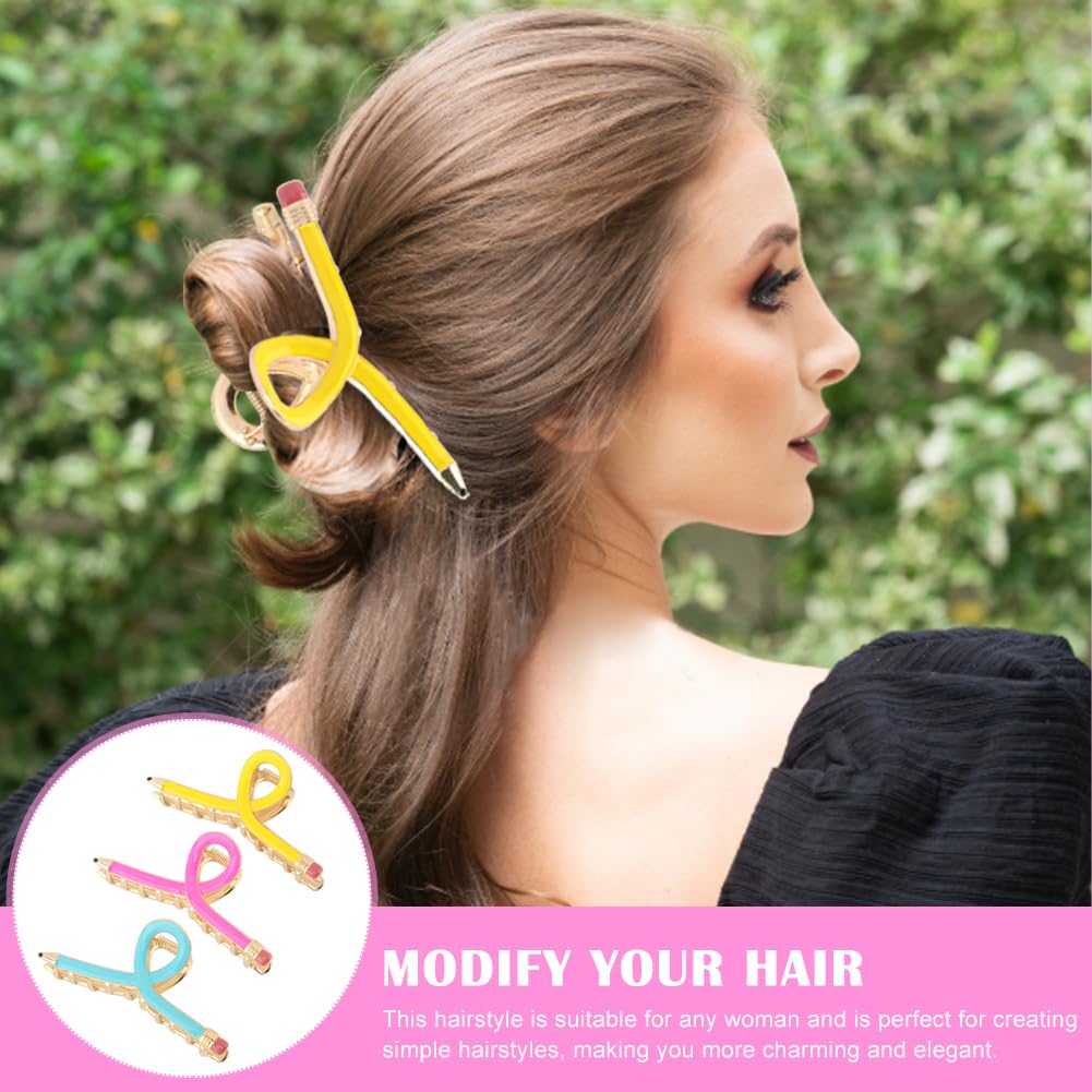 Pencil Hair Clips for Teachers, 3 Pack Cute Teacher Claw Clip with Strong Hold for Thick-Hair, Teachers Appreciation Hair-Clip Gift for Women & Mom(3 colors)