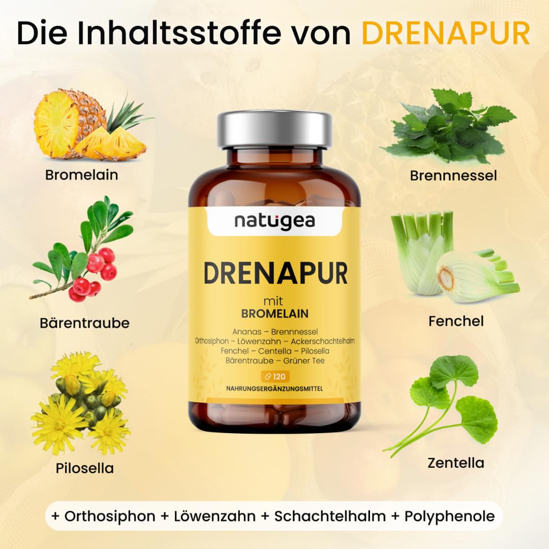 Drenapur – Nahrungsergänzungsmittel mit Bromelain aus Ananas, zur Unterstützung der Entwässerung des Körpers und der Mikrozirkulation, 2500 GDU, 120 Kapseln, Made in Italy