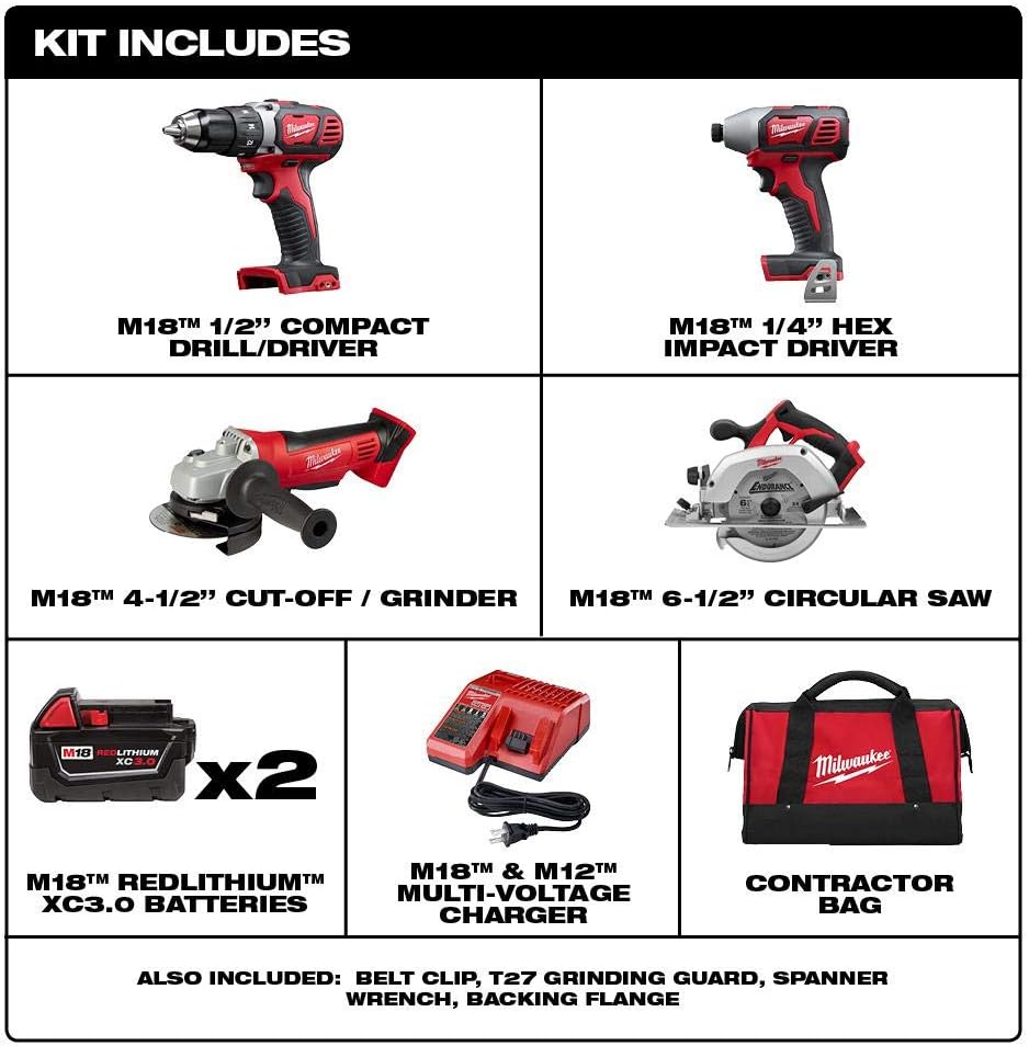 Milwaukee 2691-24G 18-Volt Cordless Combo Tool Kit (4-Tool) with Two 3.0 Ah Batteries, 1-Charger, 1-Tool Bag