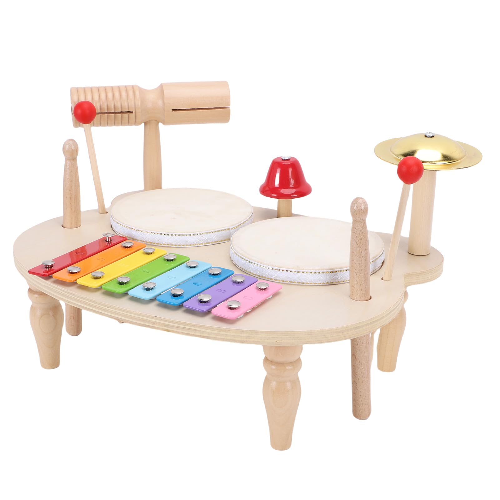 Jiawu Set di Batteria per Bambini in Legno, Costruzione in Tiglio Codificato a Colori per l'apprendimento degli Strumenti a Percussione in Legno, Giocattolo Musicale in con Bacchette e Accessori per