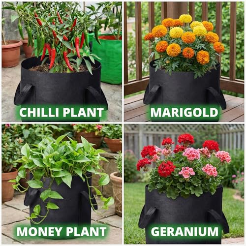 Image of Decor & More ? Grow Bags with Durable Handles & Reinforced Stitching,Thick Non-Woven Fabric | 280 GSM Grow Bag for All Plants, Garden Accessories| Grow Bags 12x10 inch - Pack of 5 ? Black