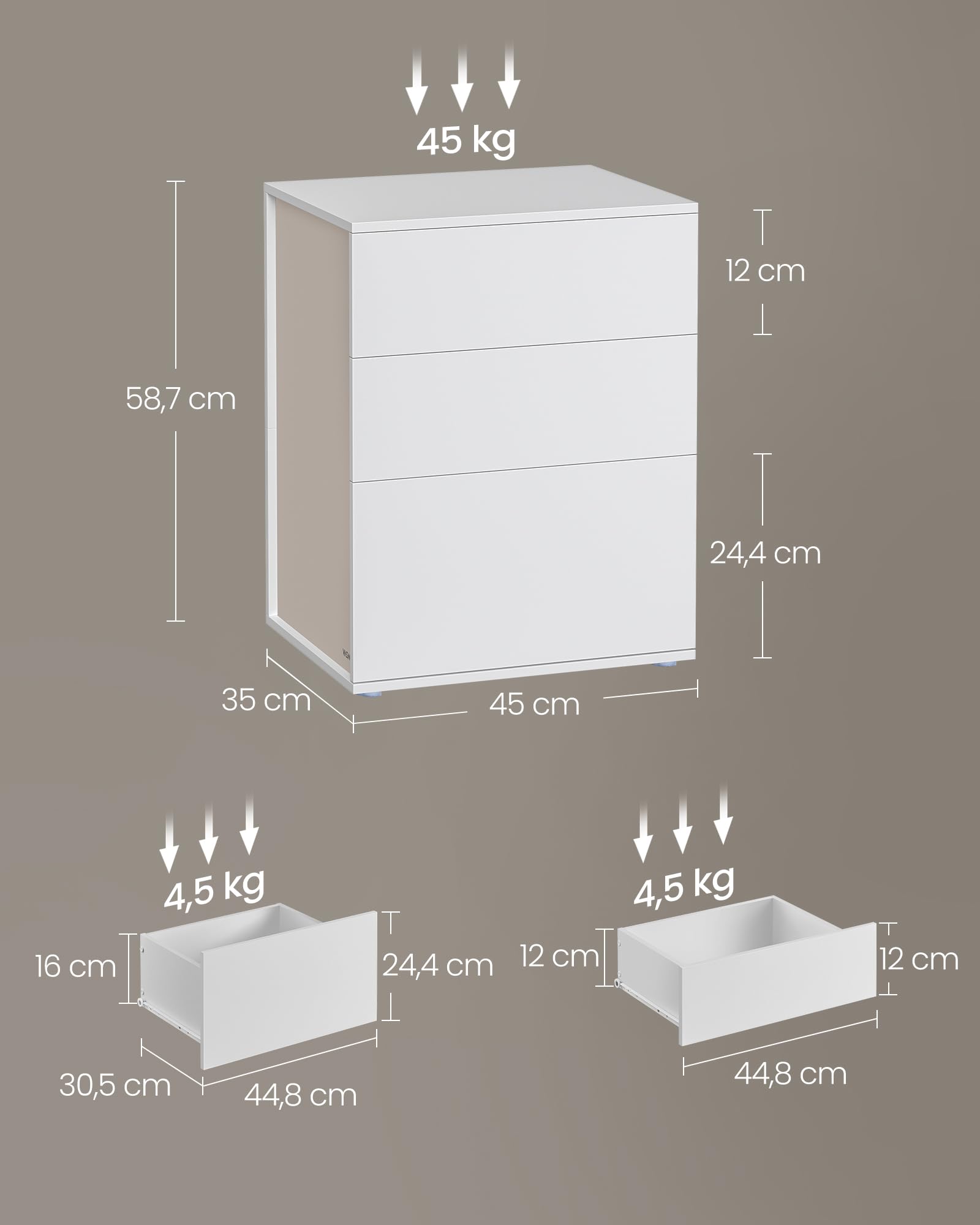 VASAGLE Comodino, Montaggio Rapido Senza Attrezzi Toolless, Tavolino da Letto con 3 Cassetti, Moderno, per Camera da Letto e Soggiorno, Bianco Opaco e Beige Cappuccino LET778W01