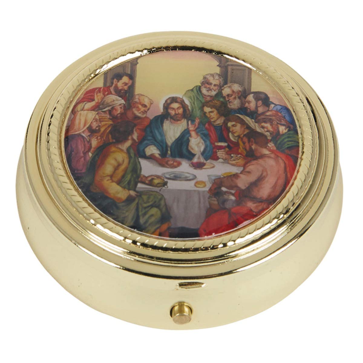 FYSSHUO Pyx Case Gold Tone for The Eucharist with Epoxy Last Supper Lid, 2 1/4 Inch