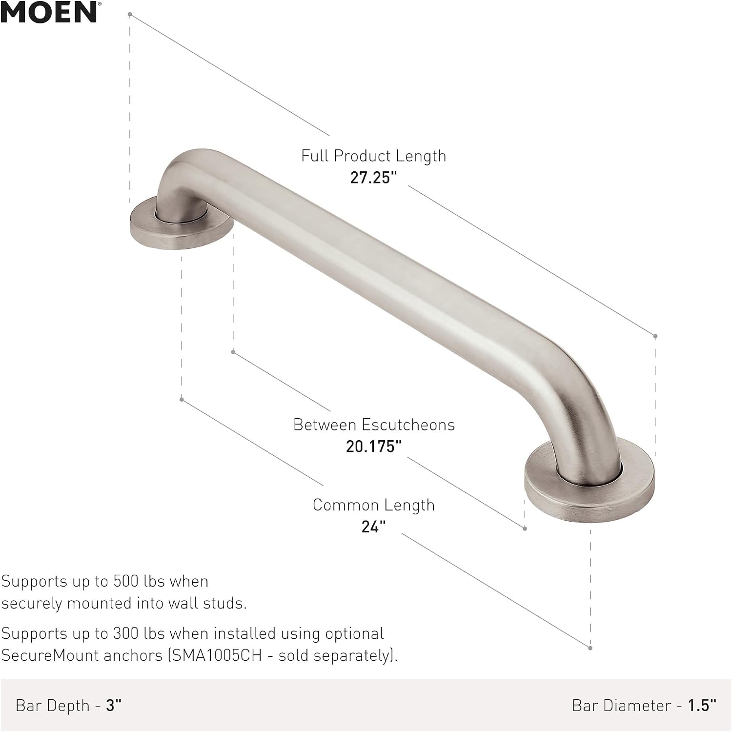 Moen R8924W Bathroom Safety 24-Inch Grab Bar with Concealed Screws, Glacier White