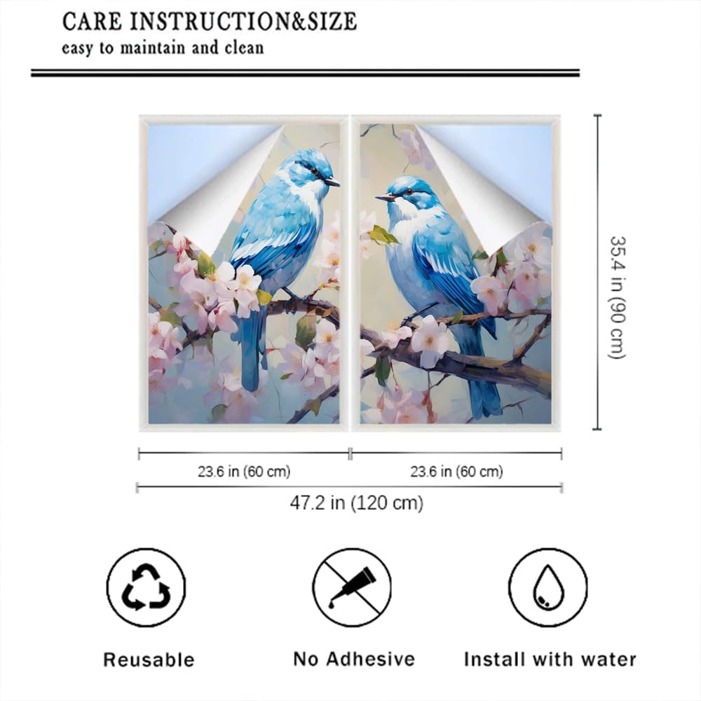 Beautiful Blue Bird Stained Glass Window Film Watercolor Flower Romantic Rustic Privacy Window Film Glass Door Covering Non-Adhesive Window Stickers for Room Kitchen 23.6Wx35.4L-inch x2 Pcs