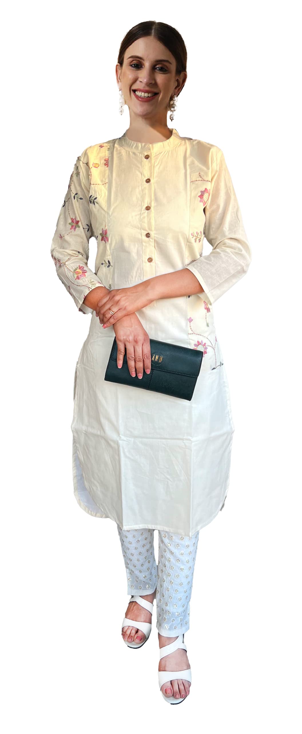 ULOS Women's Solid Off-White Coloured A-Line Kurta with Embroidery Work Patches (2 Colors)