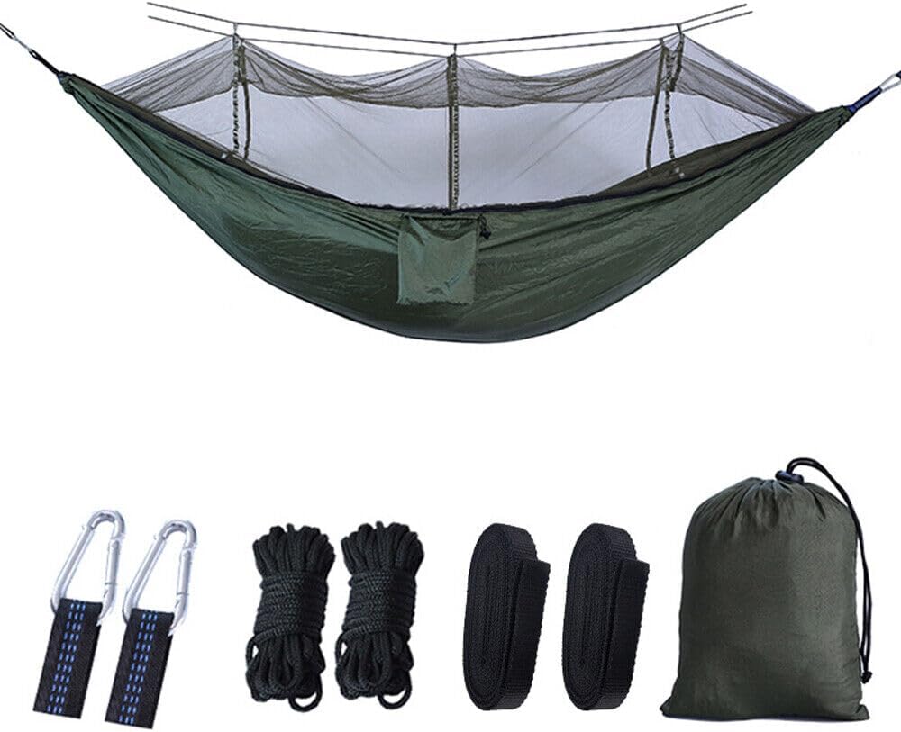 Camping Hammock with Net Hold Up to 660lbs 2 Person Travel Portable Lightweight Nylon Hammocks for Outdoor Hiking Camping Backpacking Travel Backyard Beach (Army Green)