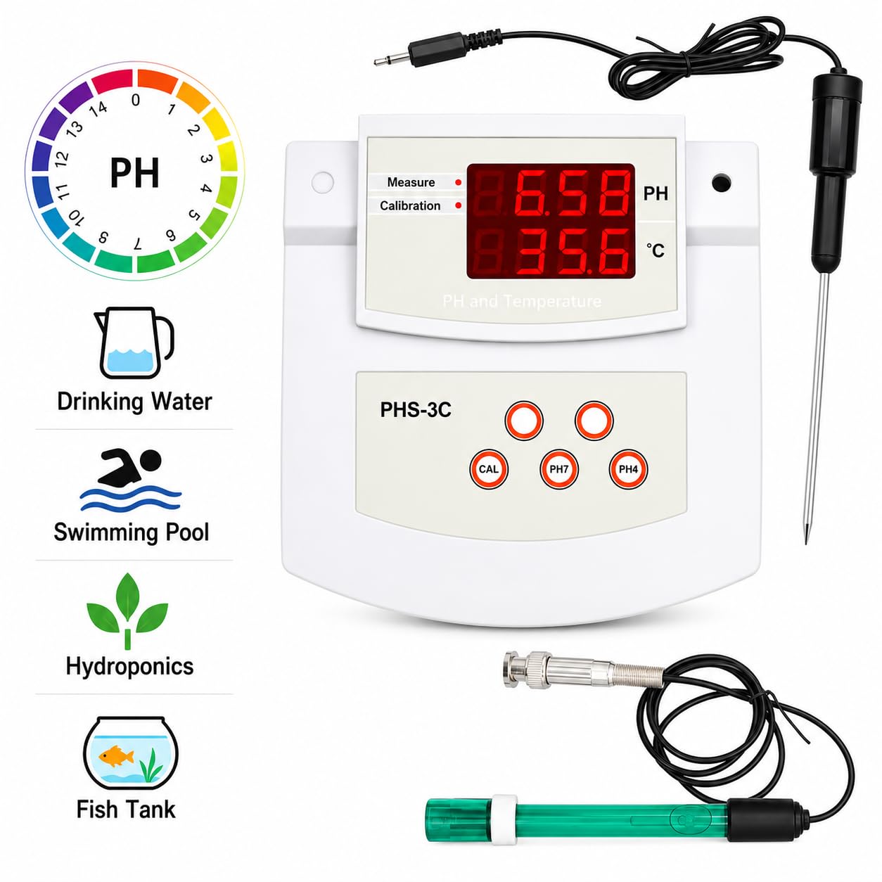 Medidor de pH para laboratorio con pantalla LED y soporte, incluye 2 electrodos de pH/temperatura y calibración automática de 2 puntos para pruebas de acuario y acuicultura