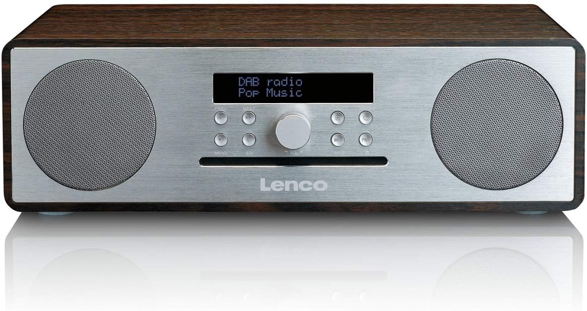 Lenco DAR-070WS Stereo Music Centre with DAB+ FM Radio/Bluetooth/CD/MP3/USB Playback/2 x 18 W RMS Speakers, Walnut Wood/Silver