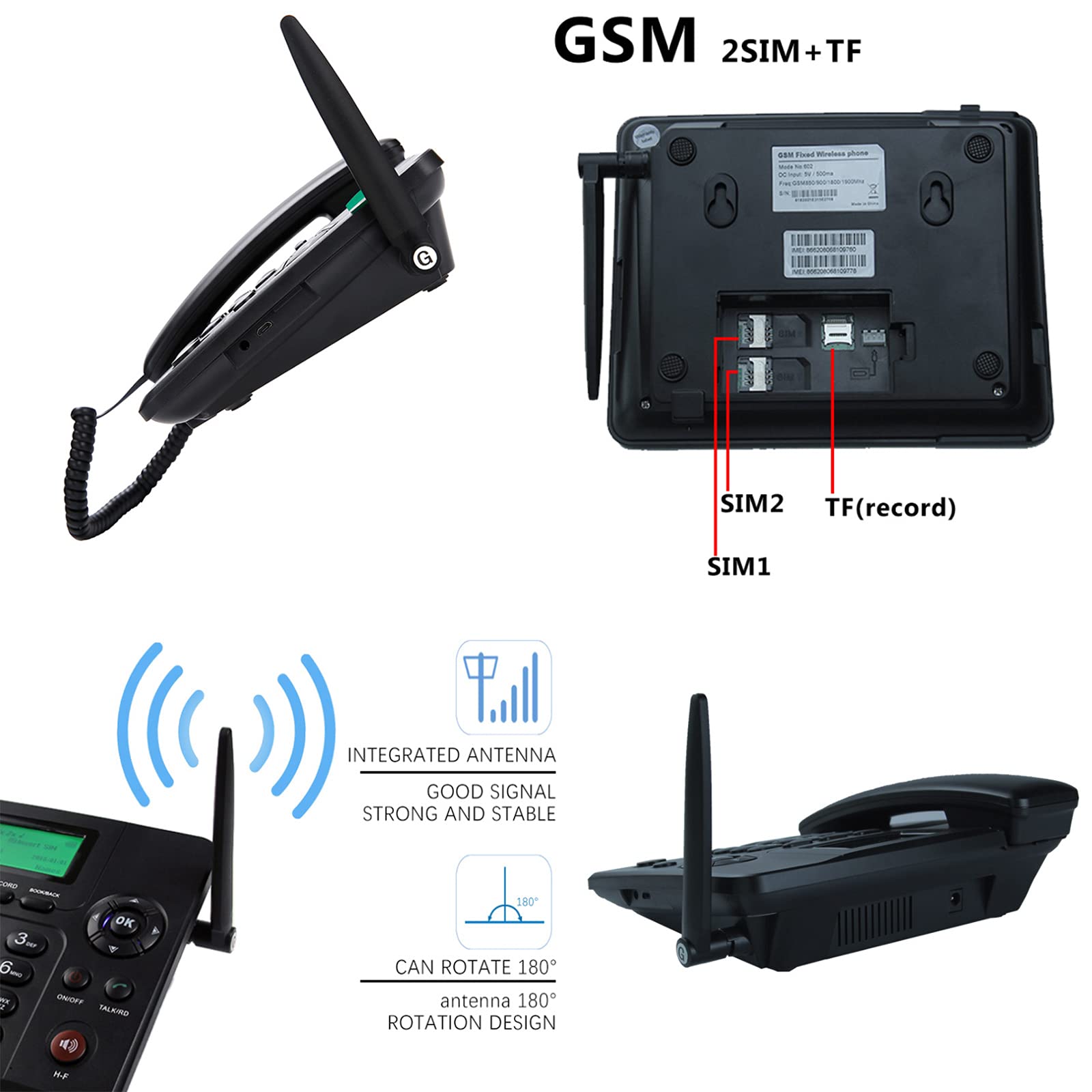 IBOWZ Telefono Fisso Telefono da scrivania Classico gsm Quadband,Vivavoce gsm Wireless Doppia SIM,Funzione Radio,Antenna Esterna,per Hotel Home Office,Telefono Fisso,Telefono Desktop Nero