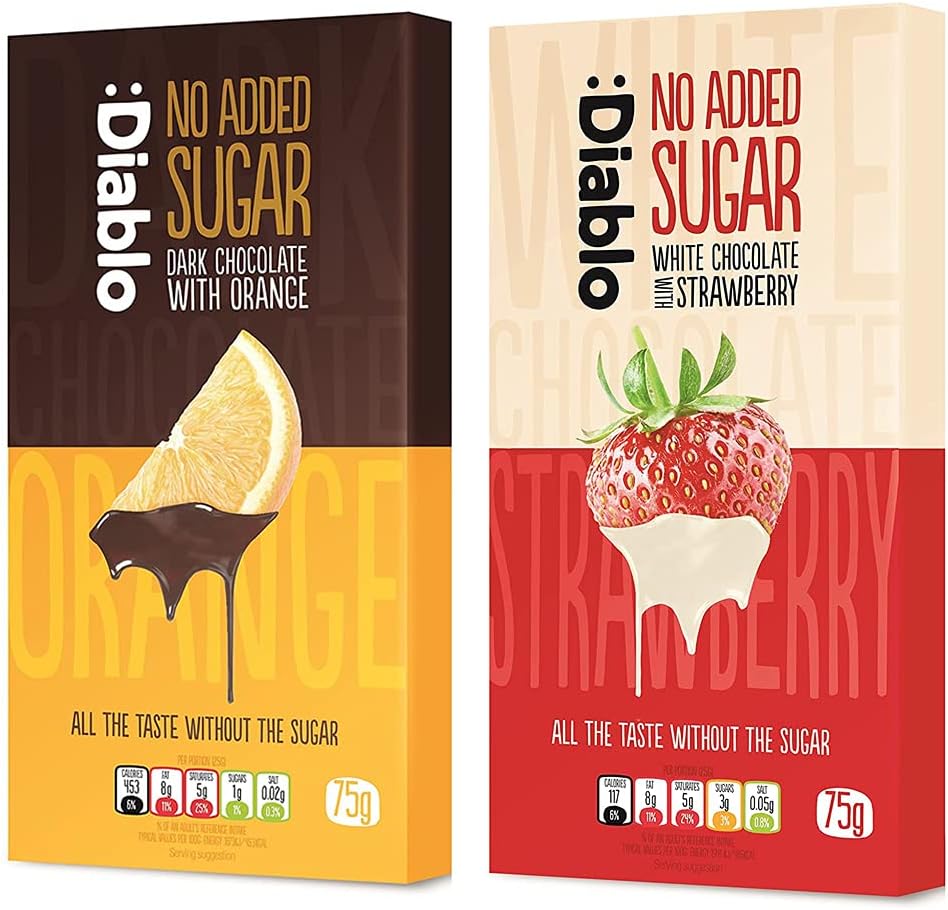 Diablo No Added Sugar Chocolate Bar – 2 Flavour Selection of Dark Chocolate with Orange & White with Strawberry, Sweetened with Stevia, Gluten Free, For Gifts, Birthdays & Hampers, 75g (Pack of 2)