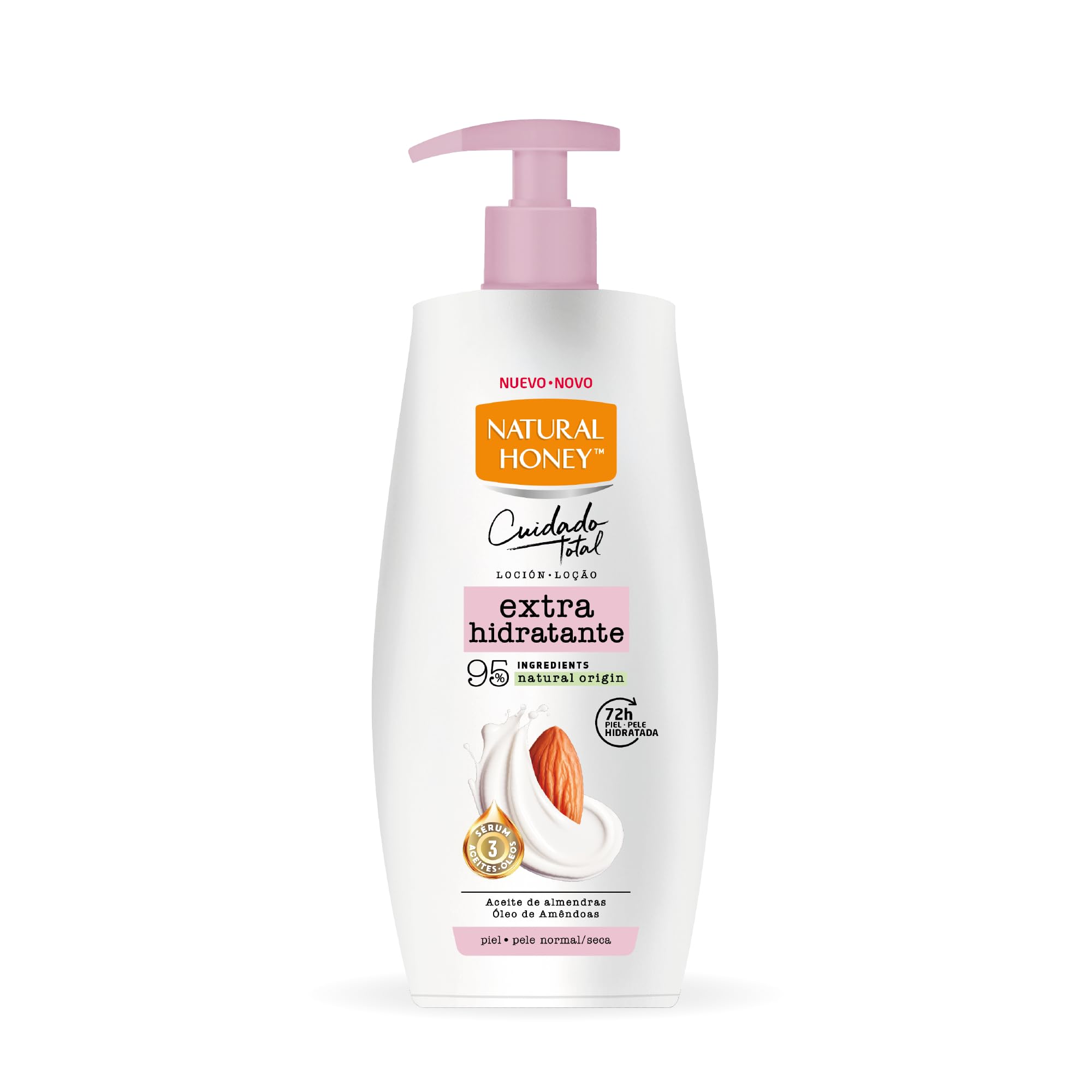 Natural Honey, Loción Corporal Extra Hidratante para Pieles Normales y Secas, 72H de Hidratación Profunda con Aceite de Almendras y Sérum de 3 Aceites, Línea Cuidado Total, 600 ml