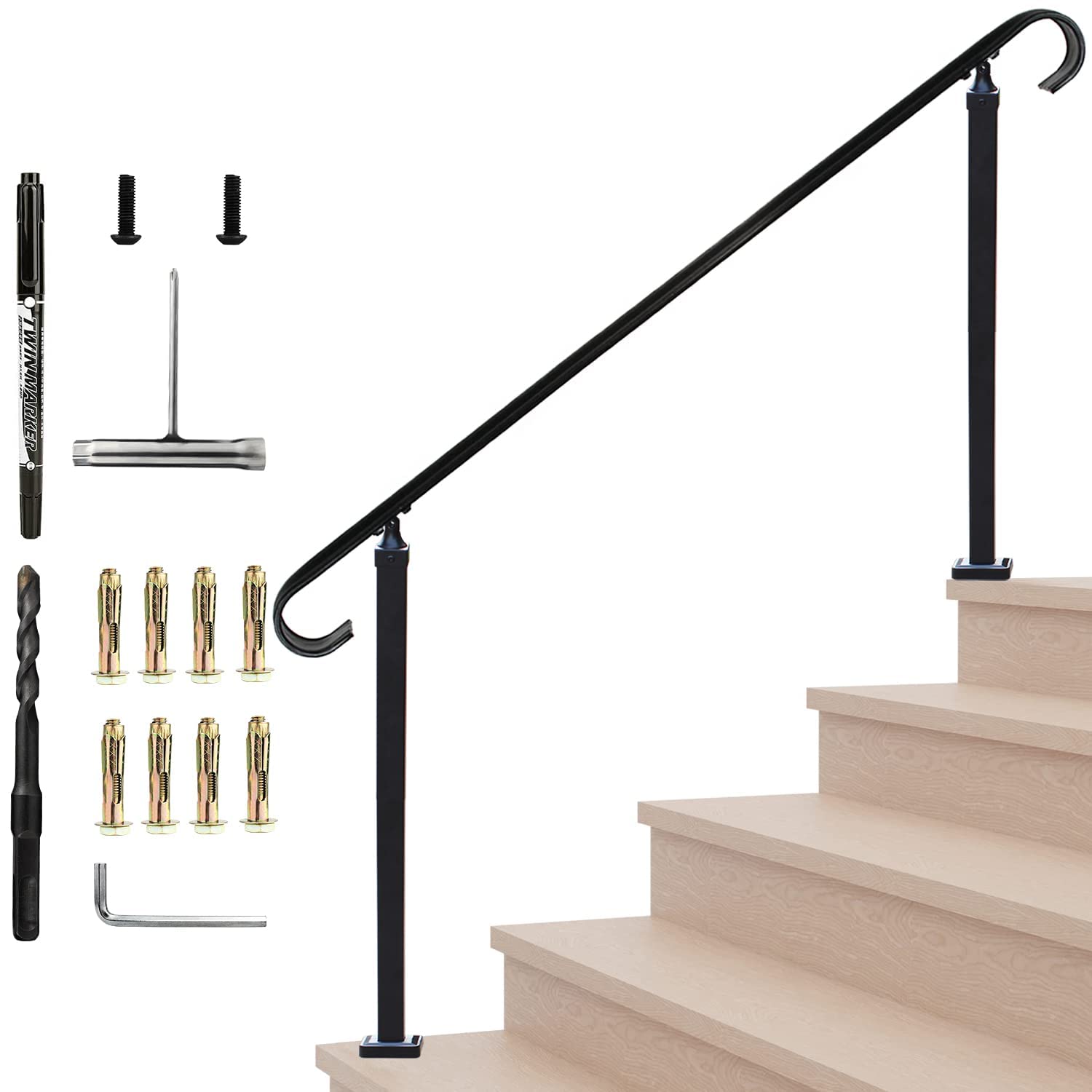 Belinova Handrails for Outdoor Steps,5 Steps Outdoor Stair Railing,45 Steps Wrought Iron