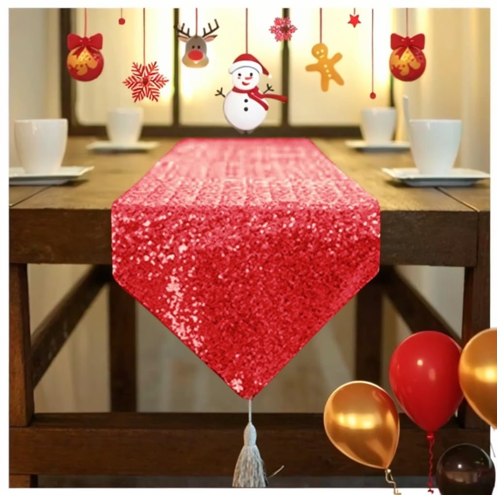 ShinyBeauty Shimmer Red-Sequin Table Runner Tassel-30x180cm, Glitter Round Sequins Fabric for Table Runners in Party Wedding Banquet Table Linen Layout or Decoration (Red)