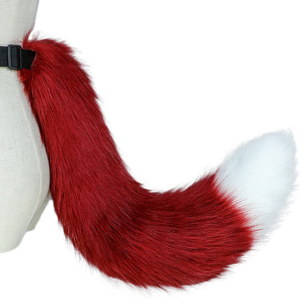 Camelliass Fluffy Faux Fur Fox Tail Fancy Dress Animal Tail Cosplay Anime Dress Up Party Costume Accessories (Wine Red & White)