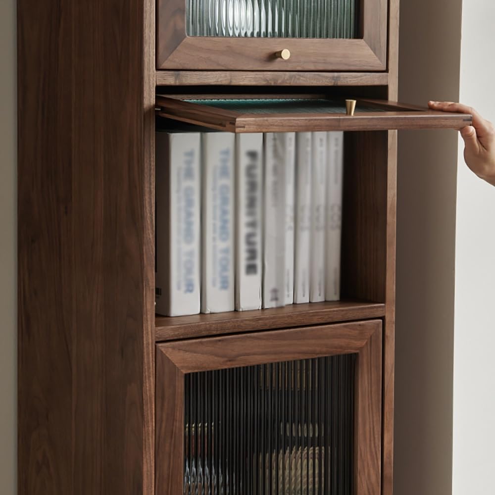 Gabinete de Bar de Vinos Industrial Vitrina de madera maciza de 182 x 40 x 45 cm for sala de estar, vitrina de almacenamiento de nogal con cinco puertas de cristal, mueble de almacenamiento retro.