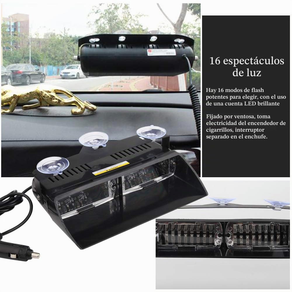 12V Azul 16 LED Alto Brillo Aplicación de la Ley Baliza de Emergencia Advertencia de peligro Luz Estroboscópico Flash Para Techo interno / Tablero de instrumentos / parabrisas con ventosa
