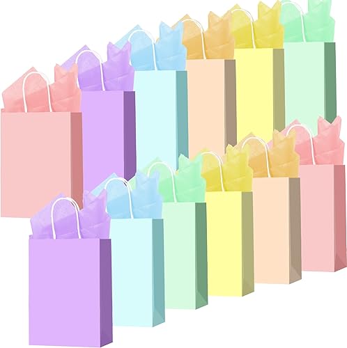 Larcenciel 12 bolsas de regalo con papel de seda, bolsas de papel de 6 colores con asas, bolsas de regalo de fiesta de arcoíris, bolsas de dulces,