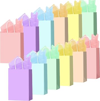 Larcenciel 12 Pcs Gift Bags With Tissue Paper, 6 Colors Paper With Handles, Rainbow Party Favor Candy Treat Goodie for Party, Gift Wraps, Birthday, Wedding, Baby Shower Small