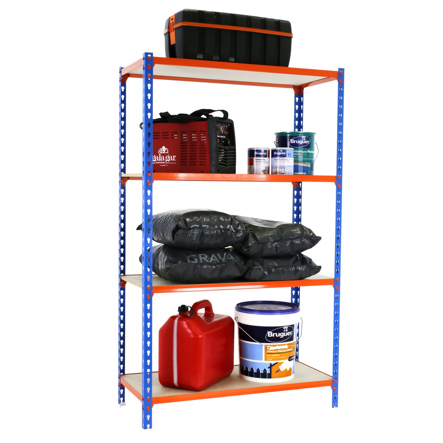 SimonRack Estanteria Metalica, 4 Baldas Madera Ajustables, 150 kg de Punto Flexión, 1500x1000x400 mm, Estantería Almacenaje, Sin tornillos, Azul/Naranja/Madera - Maderclick | 4 Alturas, Bandeja Madera, 150 kg de Punto Flexión, Azul/Naranja , Pintura antic