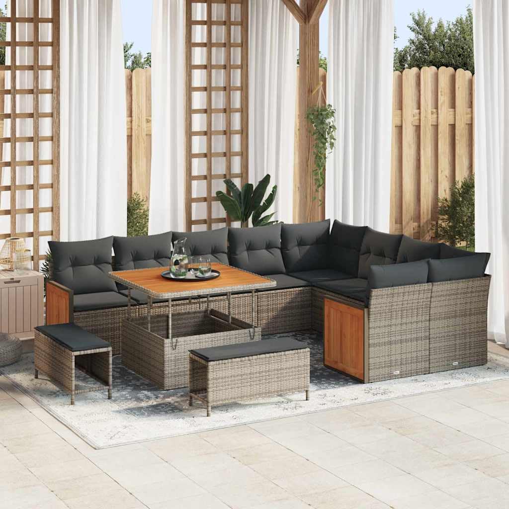Set Divano da Giardino Modulare 13 Pezzi con Cuscino Grigio Polyrattan, Salotto Esterno Resistente con Tavolo e Pouf, Angolare Centrale per Terrazzo Patio, Durevole e Leggero con Coperte Lavabili