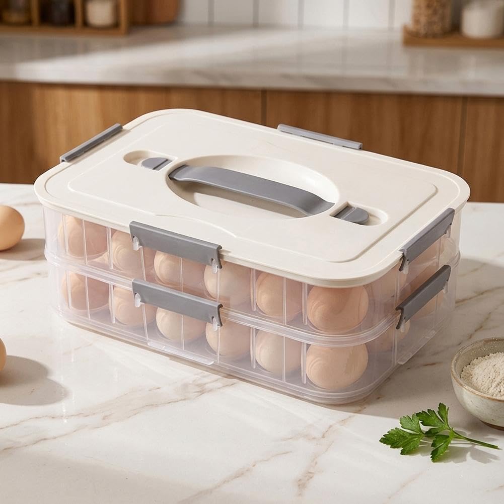 Contenitore per uova con coperchio, impilabile a 2 strati, design a prova di perdite con manico, serratura sicura, organizza il frigorifero, può contenere fino a 36 uova