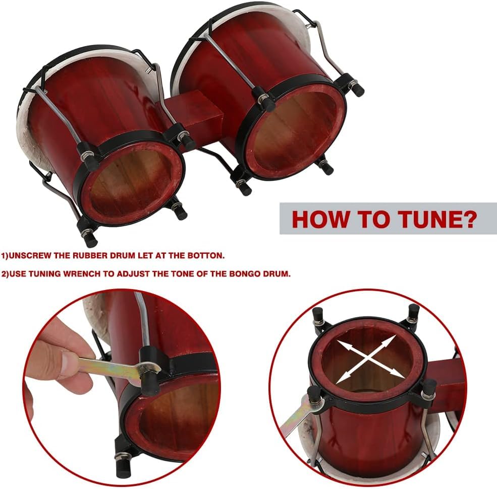 Image of Softline Pro Bongo Drum Set with Tuning Wrench & Padded Professional Wooden Percussion Instrument for Beginner Adults Kids - Natural Skin (Red)