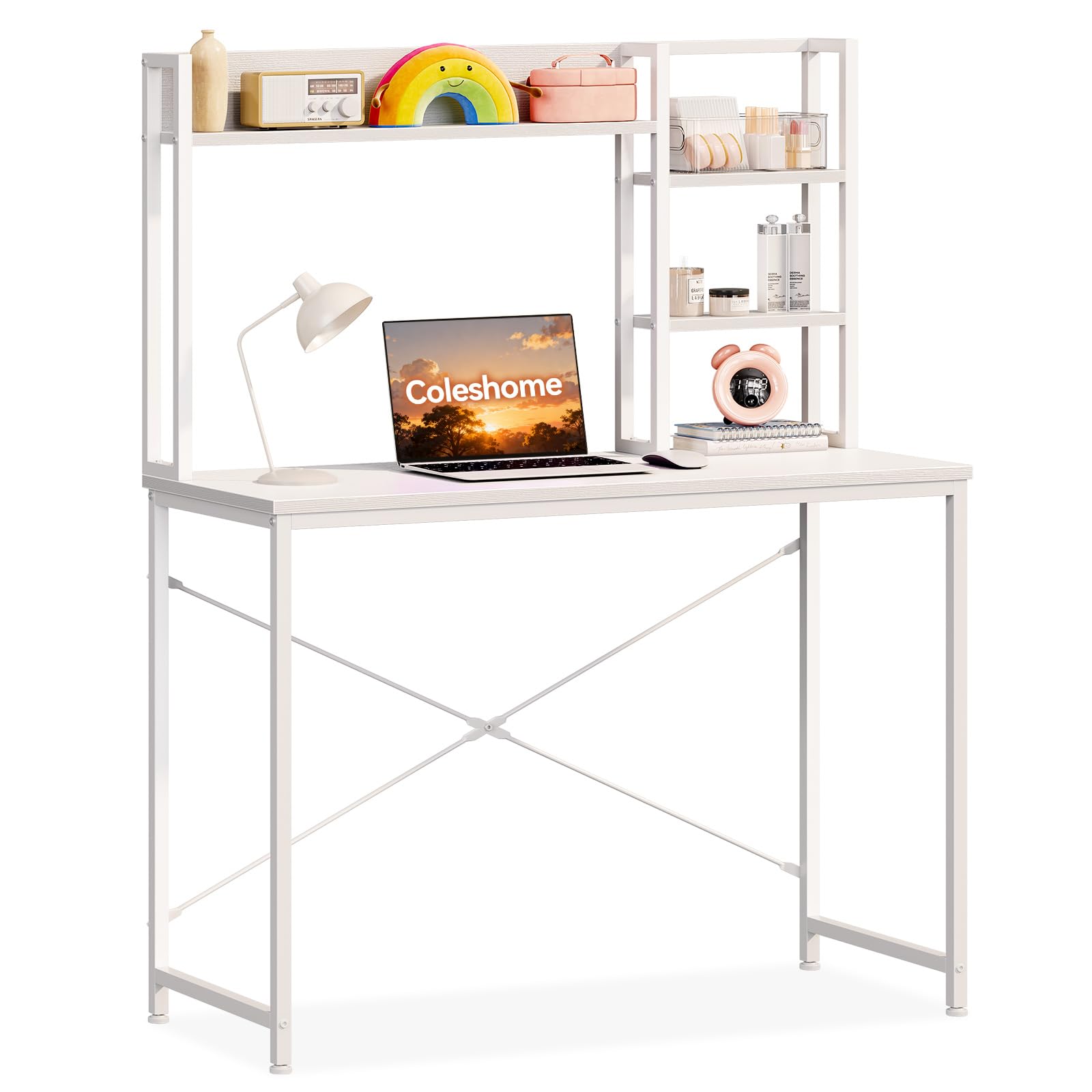 Coleshome Escritorio con Estantería, 100x40, Blanco | Mesa Ordenador, Pequeño Escritorio con Estante Mesa Oficina para Oficina, Estudio y Dormitorio