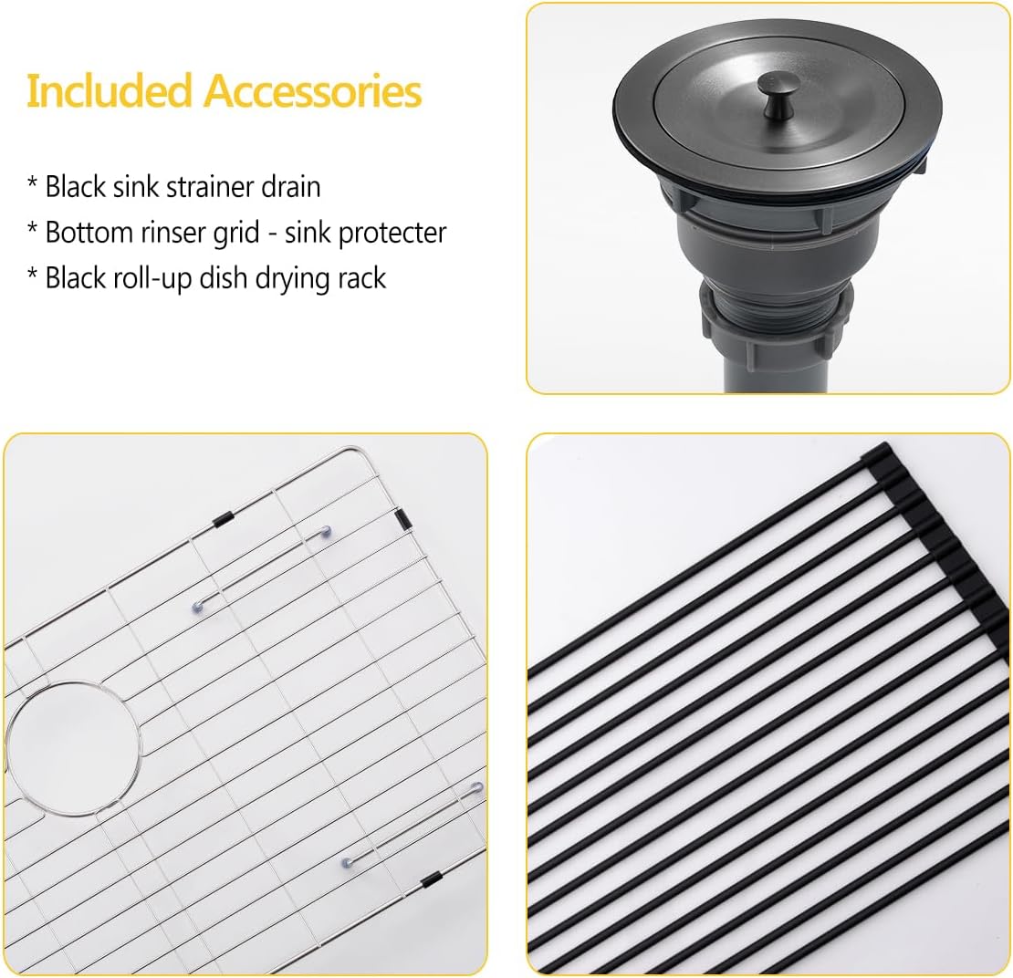 28 Drop In Black Stainless Steel Kitchen Sink, Luckyhorse 28x22x10 Inches 16 Gauge Nano Black Stainless Steel Topmount Kitchen Sink LH002SQ