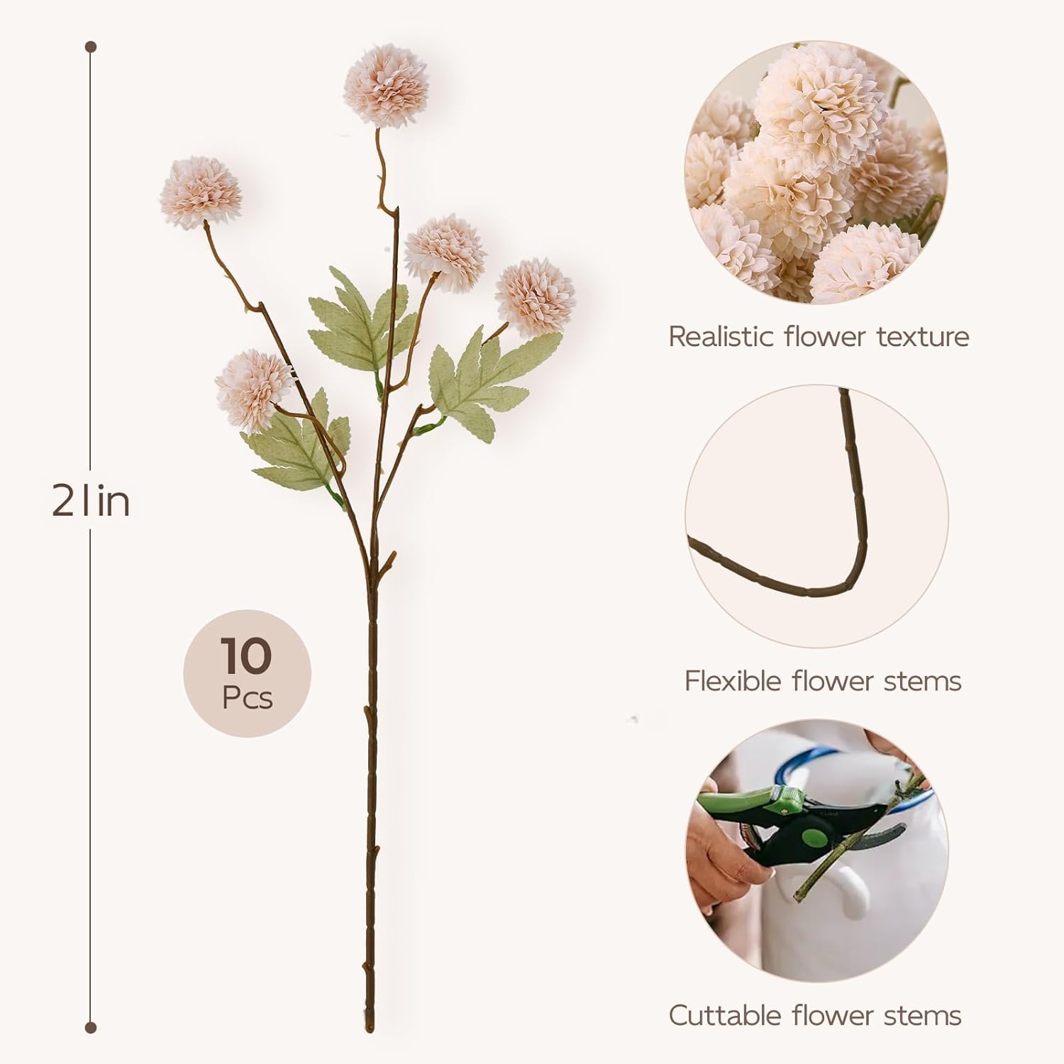 Sherika 10 Pcs Beige Faux Kiku Flowers, Artificial Silk Chrysanthemum Arrangement Indoor, Long Stem Fake Pompon Mums Floral, Dried Flowers Bulk for Home Decor, Tall Vase, Table Centerpieces Decoration - Image 3