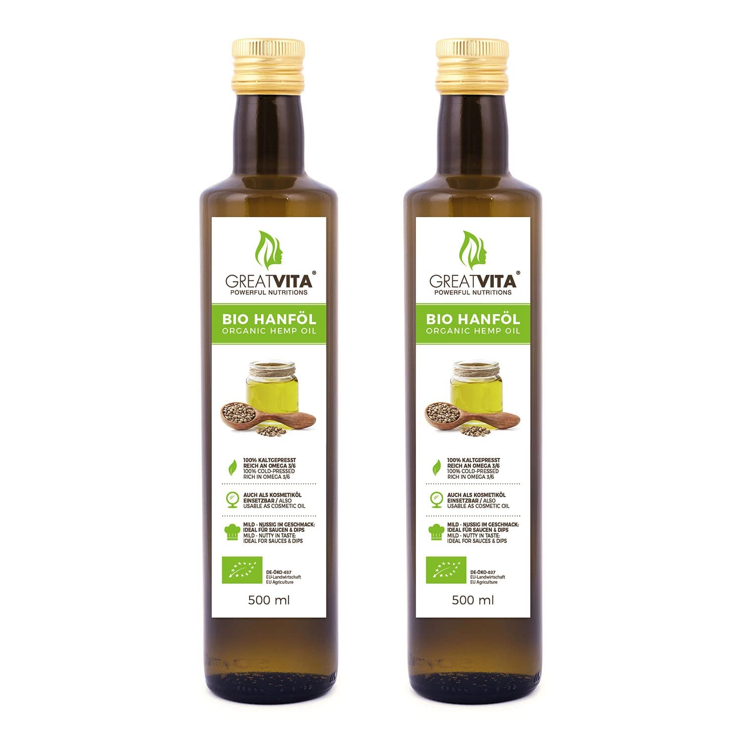 GreatVita Bio Hanföl, 100% rein & kaltgepresst, 2x (500 ml) Hanfsamenöl