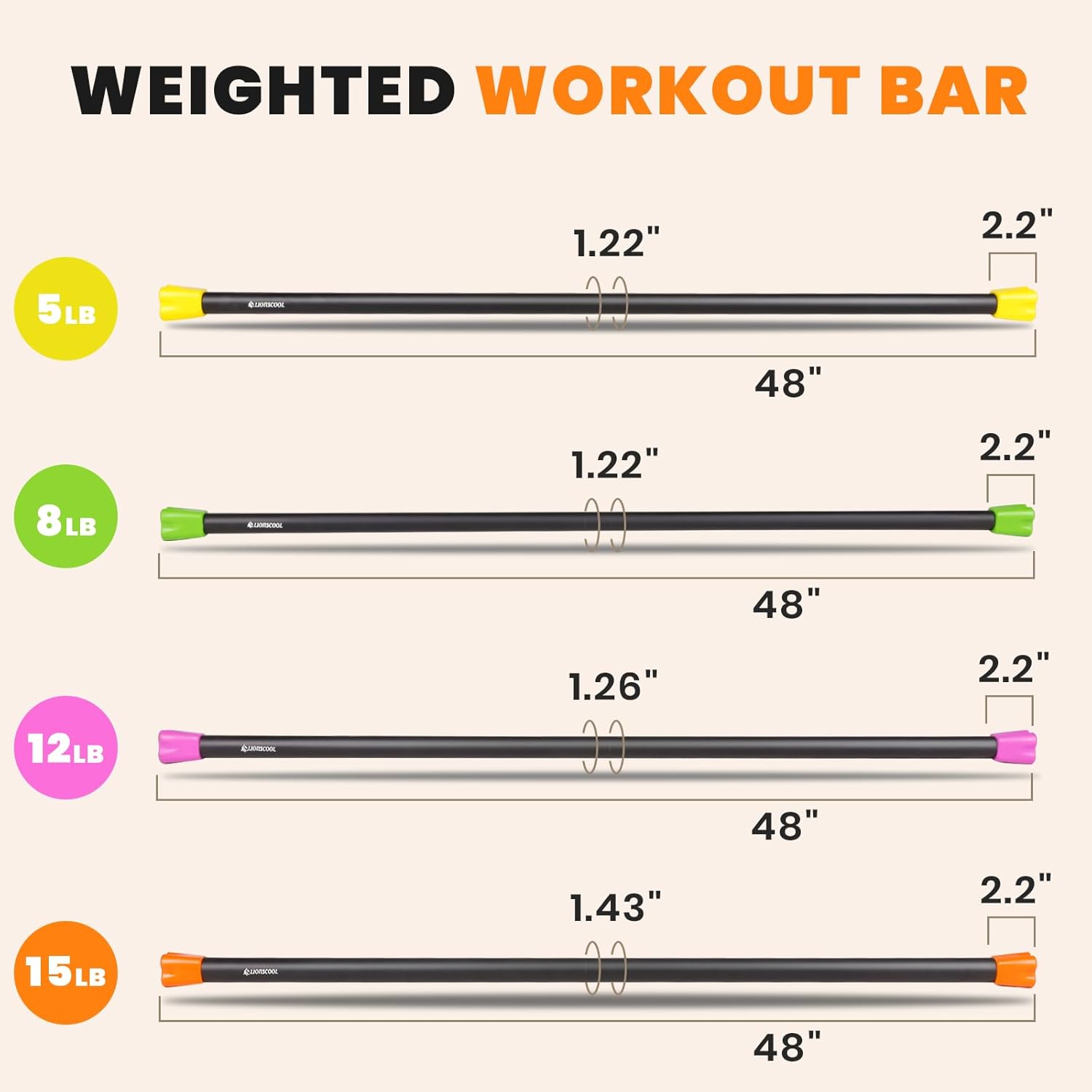 LIONSCOOL Workout Weighted Bar,Padded Exercise Weight Bar, Solid Steel Stretching weighted bar set for Body Sculpting, Physical Therapy,Body Toning