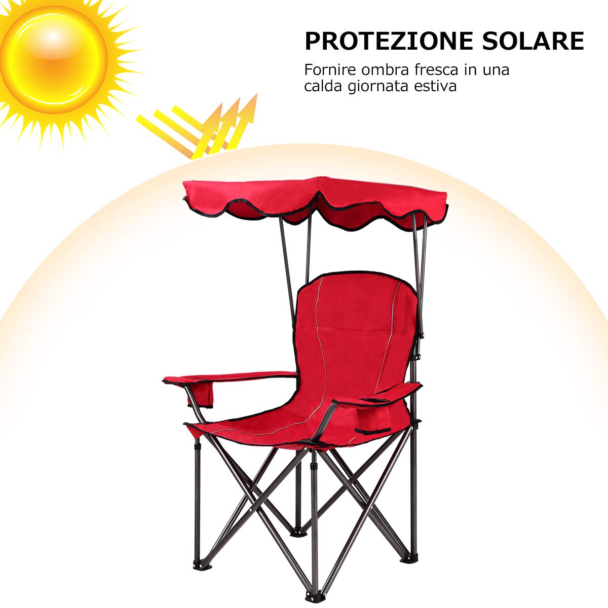 COSTWAY Sedia da Campeggio con Tettuccio, Poltrona da Spiaggia Pieghevole con Portabicchieri, Sedia Mare Leggera e Portatile, con Braccioli, Portata 120 kg (Rosso)