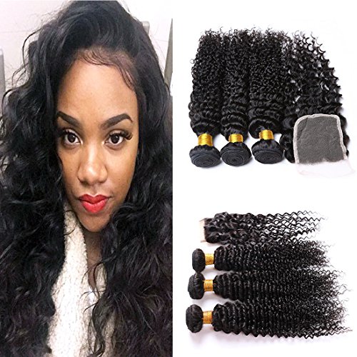 Daiweier 8a Mink Brazilian Deep Wave Hair with Closure 4x4 Lace Closure 100 Human Hair 3 Bundles Lace Closure Deals Long Hair Natural Black 22 24 26 + 20 Inches