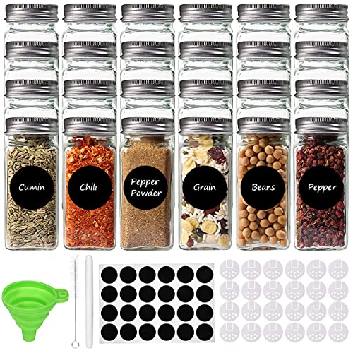 Botes Especias 24 Pcs, Tarros Especias de Cristal con Tapa Set,4 oz 120 ml Tarros Especias, Con Tamiz, Embudo, Cepillo de Limpieza, Etiquetas, Adecuado Para BBQ, Almacenamiento de Especias Cover