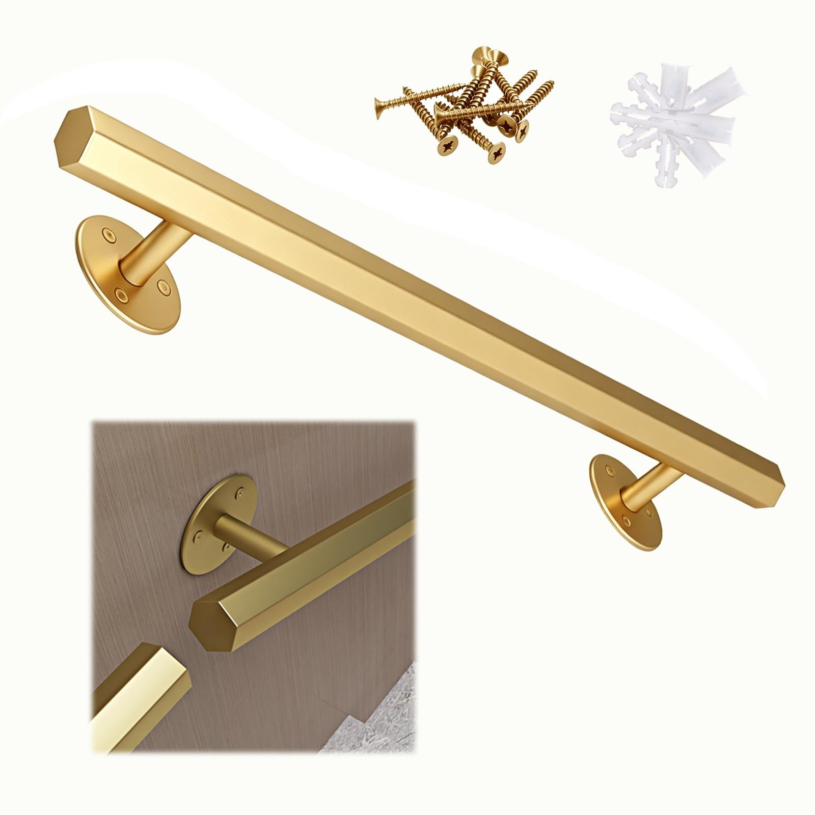 Lmvyuvlf Gold Wall Mount Stair Handrail, Wrought Iron Steps Baluster,Barrier-Free Staircase Grab Bar,4.5Cm Wall Clearance & 8Cm Round Base(,30Cm/1 Ft)